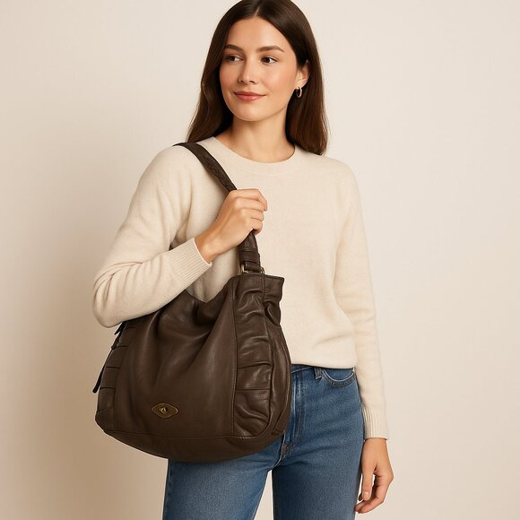 Boho Chic Slouchy Gray Leather Hobo Shoulder Bag Elliott Lucca - Picture 12 of 12